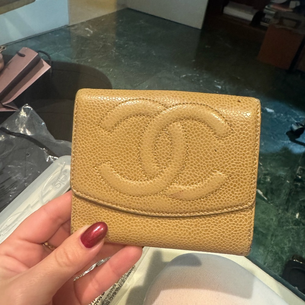 Chanel CC Timeless Tan Caviar Compact Bi-Fold Wallet
